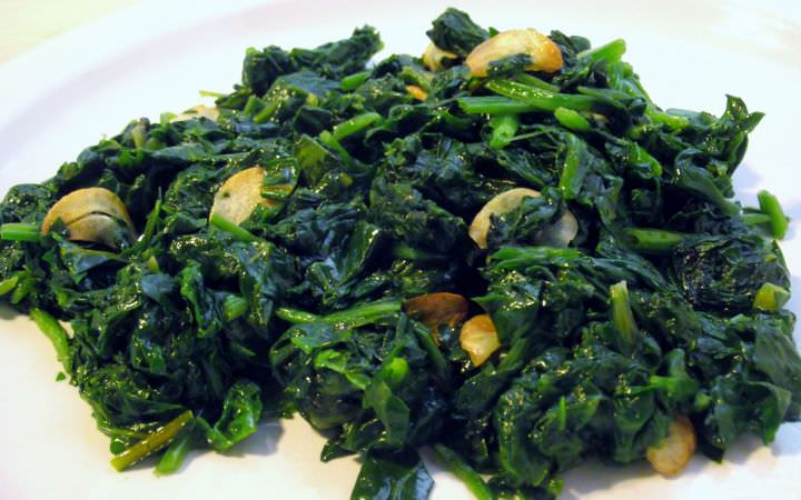 Sauteed beet leaves, spinach, and garlic.