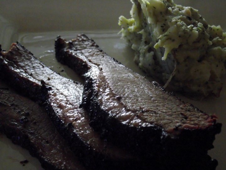 Brisket with broccoli mashed potatoes.