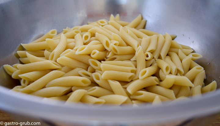 Penne pasta for macaroni salad, rinsed and chilled.