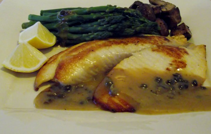 Pan fried tilapia, asparagus, and sauteed mushrooms.