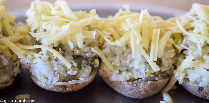 Twice baked potatoes ready to go back in the oven.