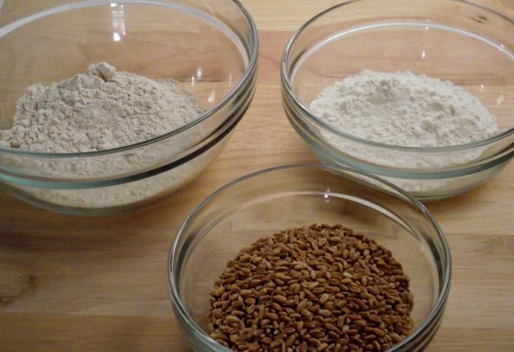 Whole wheat flour, all-purpose flour, and hard red winter wheat berries.