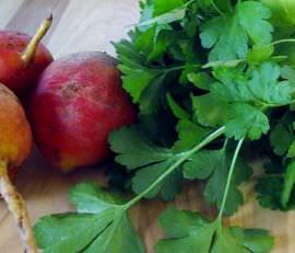 Raw golden beets and fresh parsley.