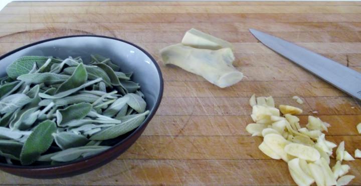 Fresh sage, fresh ginger and garlic.