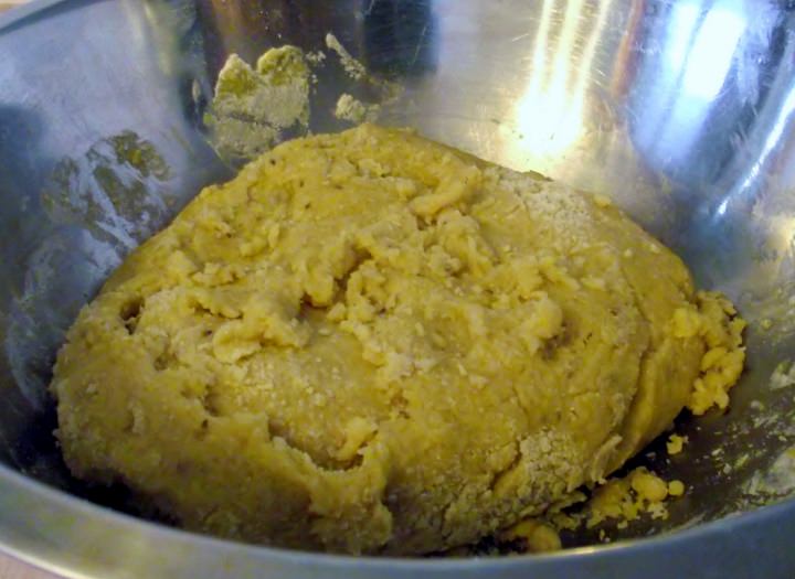 Biscotti dough in a mixing bowl.