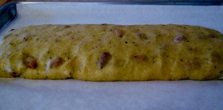 Biscotti dough formed and ready to bake.