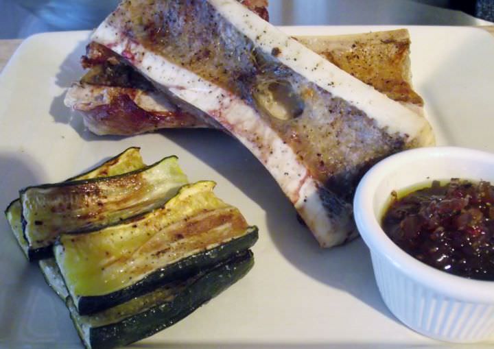 Roasted bone marrow, zucchini, and red onion marmalade.