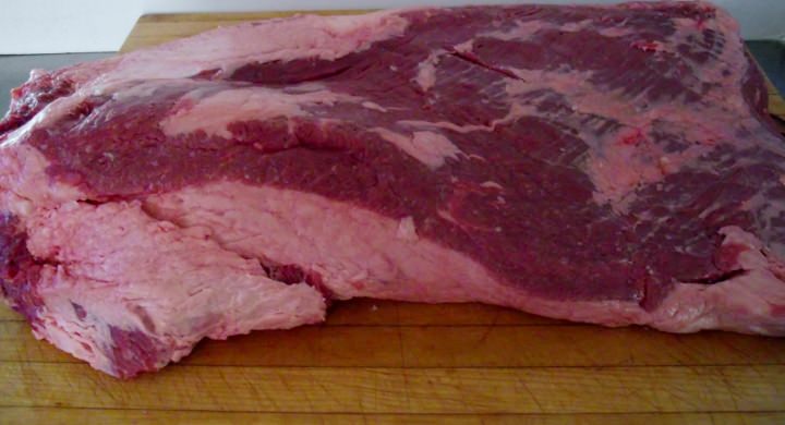 Bottom side of the brisket with the point on the left and the flat on the right. Bottom side of the brisket with the point on the left and the flat on the right.