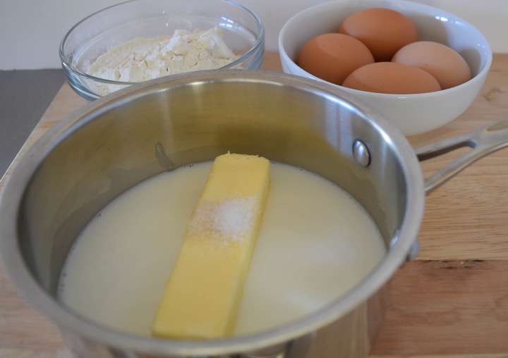 Combine the water, milk, butter, sugar, and salt in a 2-quart saucepan.