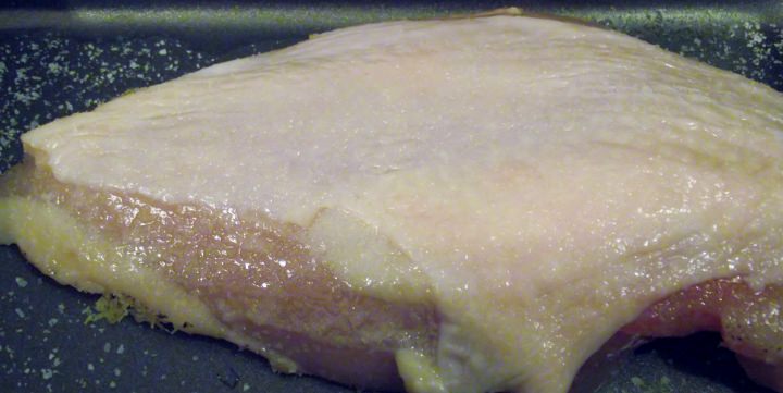 Chicken breast ready to cure. Notice there is only salt on the skin, no pepper or lemon zest.