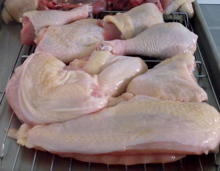 Showing the chicken broken down into pieces. Showing the chicken broken down into pieces.