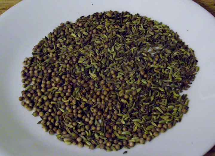 Toasted fennel, coriander, and anise seeds on a plate.