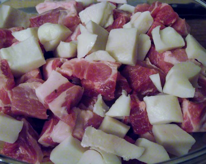 The pork butt and pork fat cubed for the grinder.