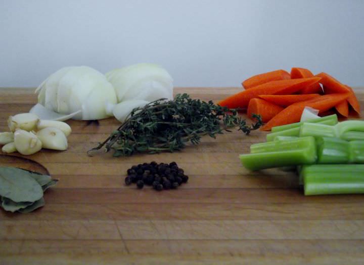 Ingredients for Pot Roast: Garlic, Onion, Celery, Carrots, Bay Leaf, Peppercorn, and Thyme.