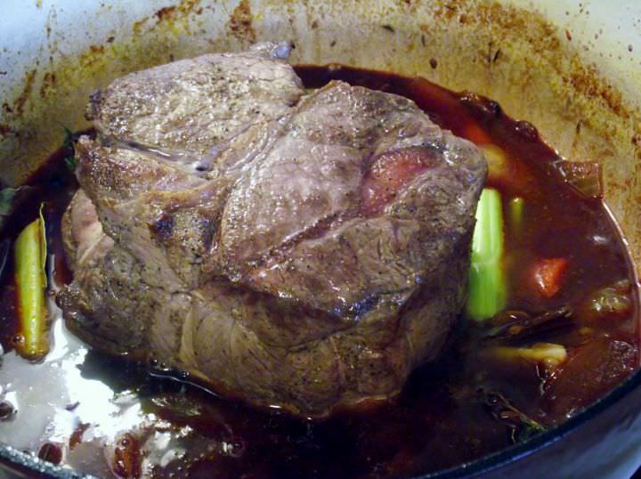 The pot roast is ready to go into the oven.