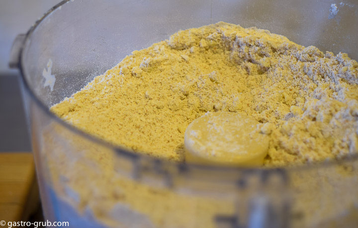 The flour and butter mixture showing the texture of the crumb.