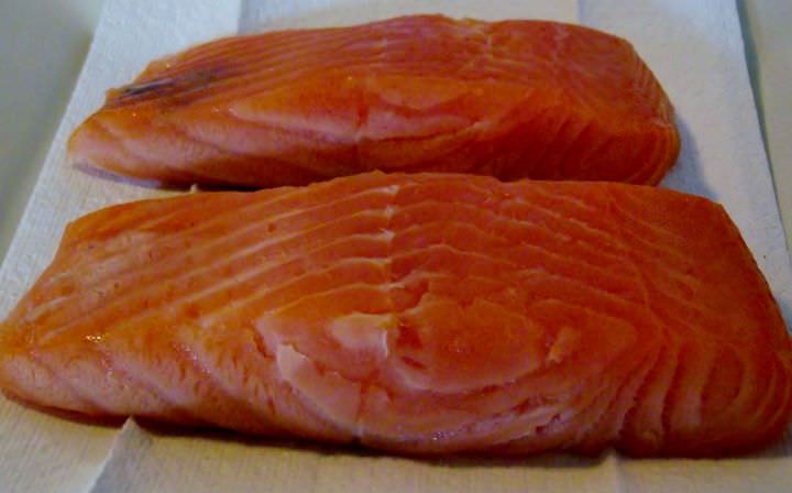 Salmon after brining for 12 hours and air drying for 1 hour.