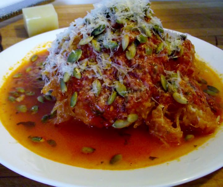 Spaghetti Squash with marinara, toasted pumpkin seeds, and shaved Parmigiano-Reggiano.