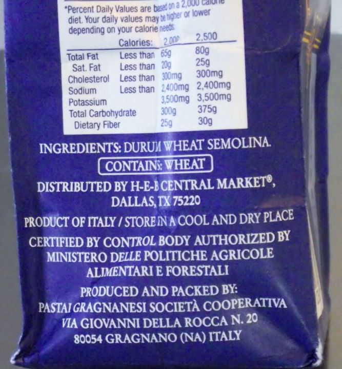 Imported pasta packaging, showing address of producer.